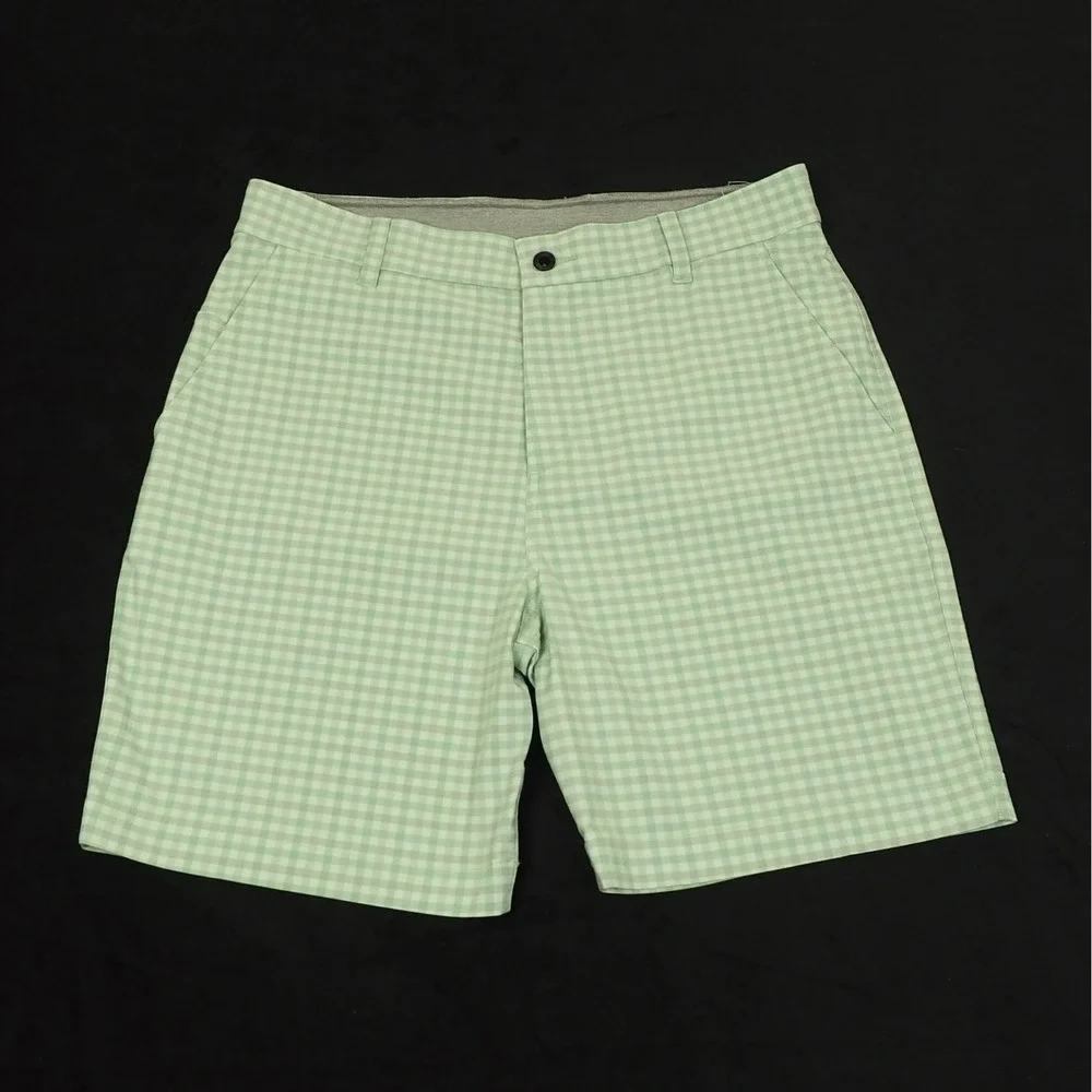 New Nike Golf Dri-Fit UV Chino Shorts Mens 32 Green Plaid Gingham Cotton Blend